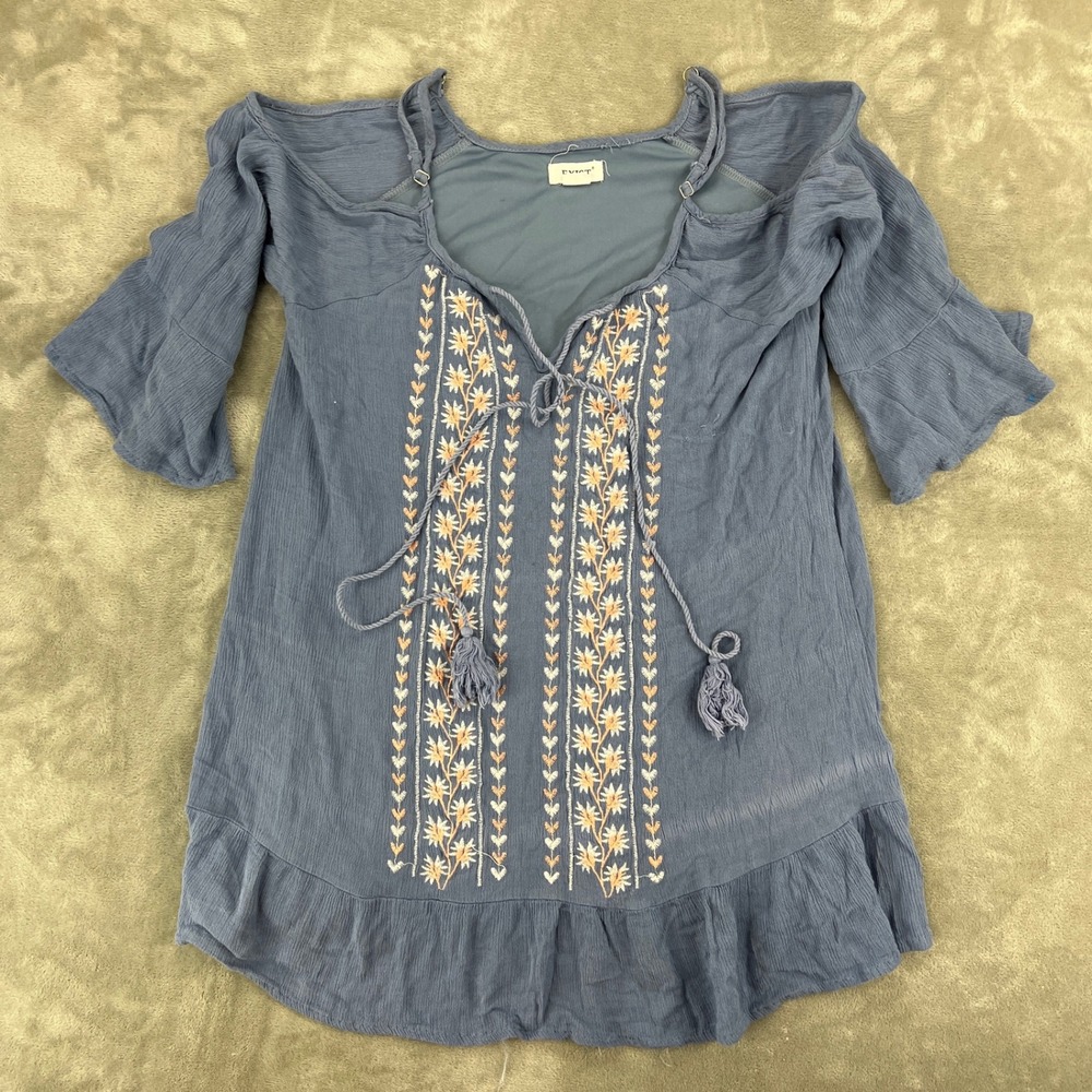 Exist Womens Blue Cold Shoulder Embroidered Boho Blouse Bell Sleeve Large